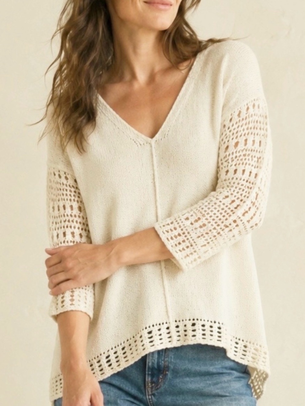 Lucky Brand Cream Open Knit Sweater Crochet Sleeves Button Back